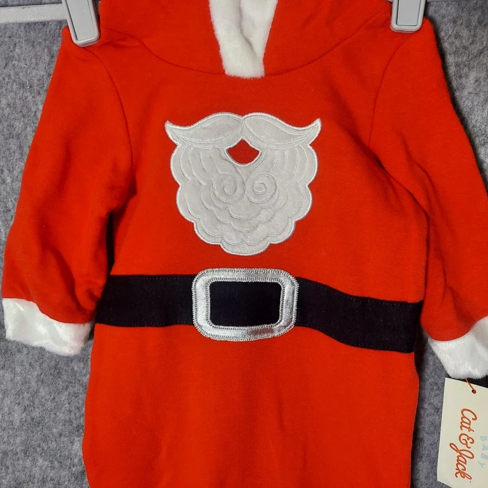 Cat & Jack‎  Suit 0 3 Month Christmas Santa Embroidered Beard Belt Hooded Snaps